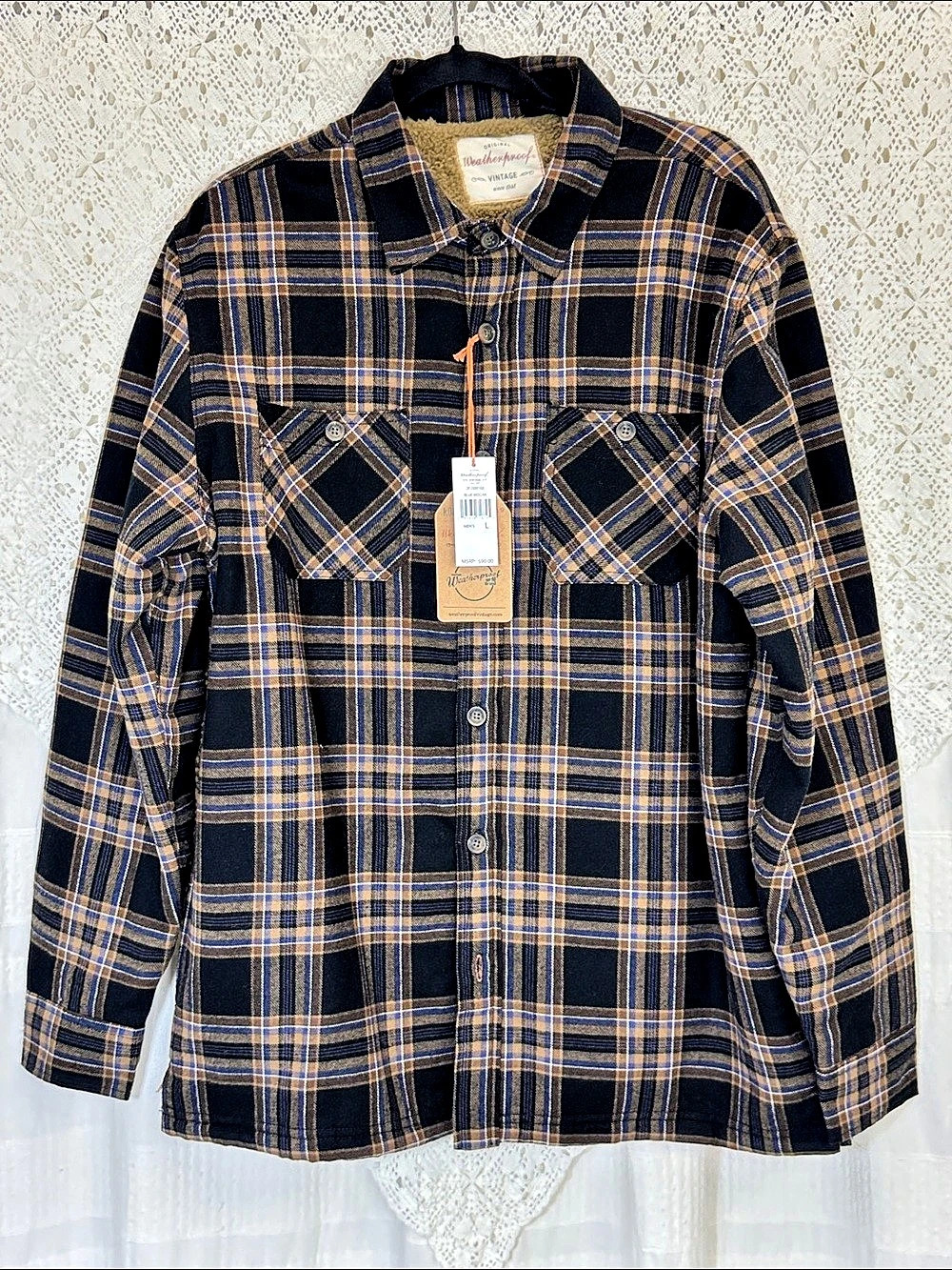 Weatherproof Vintage Sherpa-Lined Flannel Shirt Jacket Blue & Brown Large